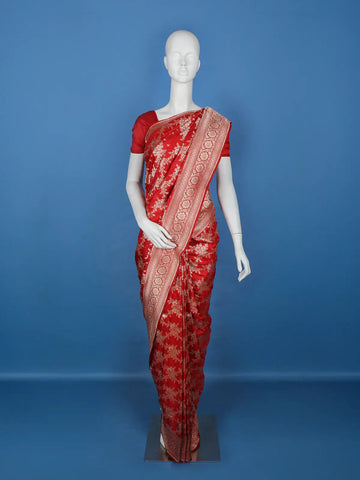 Radiant Red Floral Design Banarasi Silk Saree - Diadem