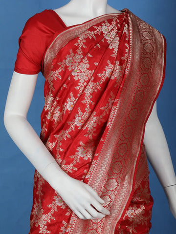 Radiant Red Floral Design Banarasi Silk Saree - Diadem