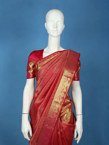 Rani Pink Diamond Butta Woven Pure Kanchipuram Silk Saree With Golden Zari Border - Diadem