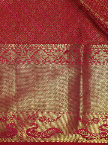 Rani Pink Diamond Butta Woven Pure Kanchipuram Silk Saree With Golden Zari Border - Diadem