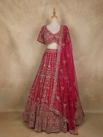 Rani Pink Floral Embroidery Design Bridal Net Lehenga - Diadem