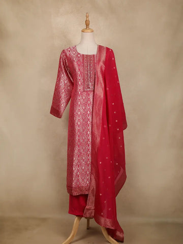 Rani Pink Floral Woven Design Banarasi silk Salwar Suit - Diadem
