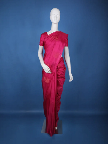 Rani Pink Geometric Design Gold Zari Woven Soft Silk Saree - Diadem