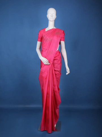 Rani Pink Leaf Design Zari Woven Soft Silk Saree - Diadem