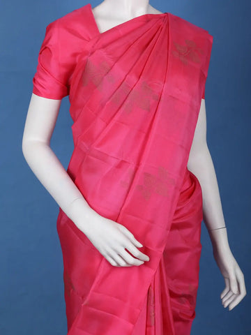 Rani Pink Leaf Design Zari Woven Soft Silk Saree - Diadem