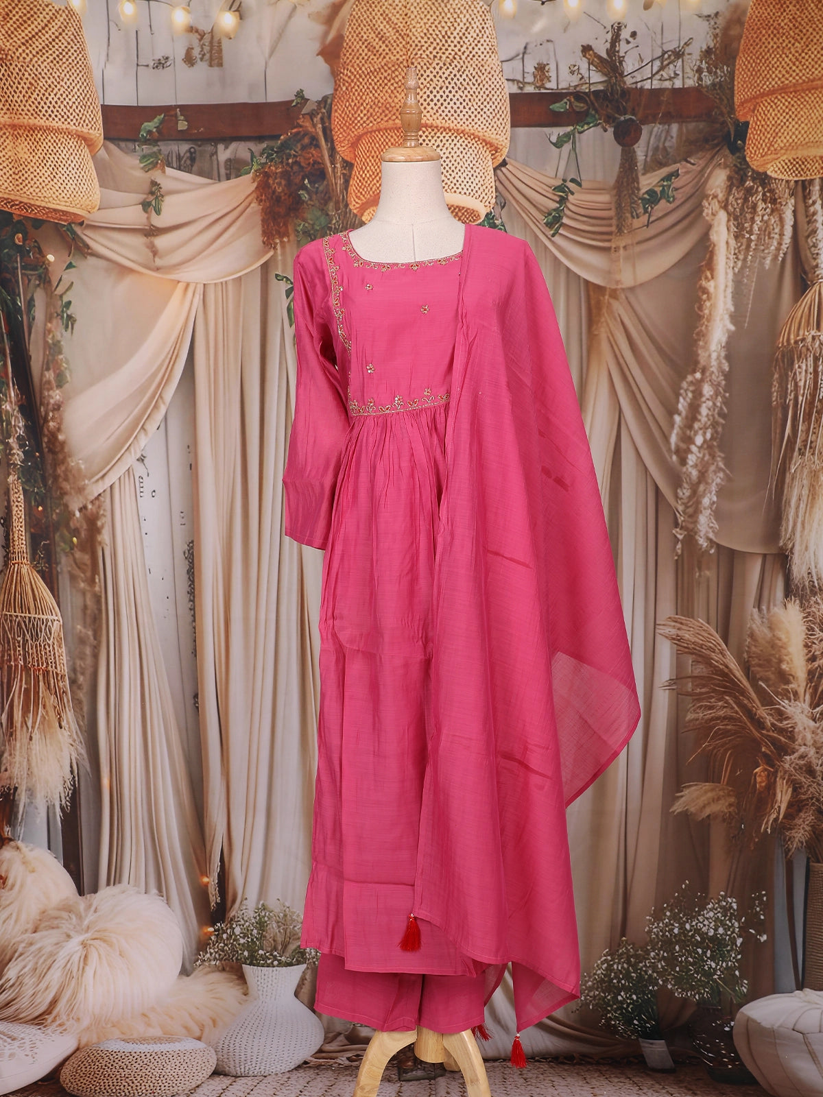 Rani Pink Sequin Embroidered Design Cotton Anarkali Salwar Suit