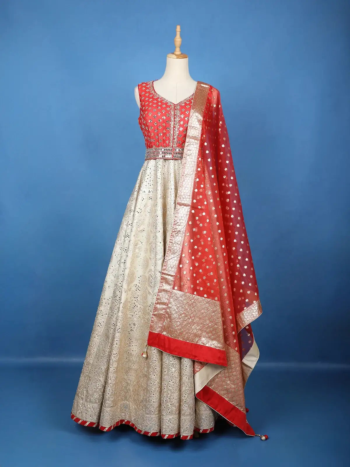 Red And Beige Mirror Work Embroidered Banarasi Silk Gown - Diadem