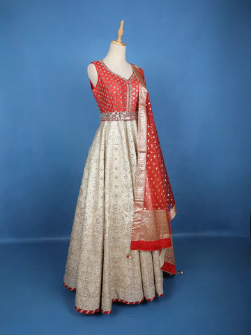 Red And Beige Mirror Work Embroidered Banarasi Silk Gown - Diadem