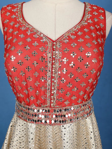 Red And Beige Mirror Work Embroidered Banarasi Silk Gown - Diadem