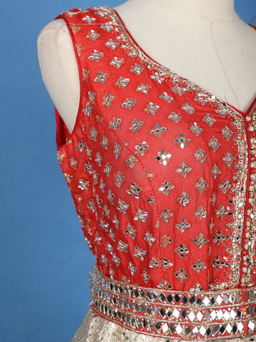 Red And Beige Mirror Work Embroidered Banarasi Silk Gown - Diadem