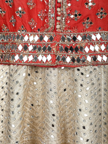 Red And Beige Mirror Work Embroidered Banarasi Silk Gown - Diadem