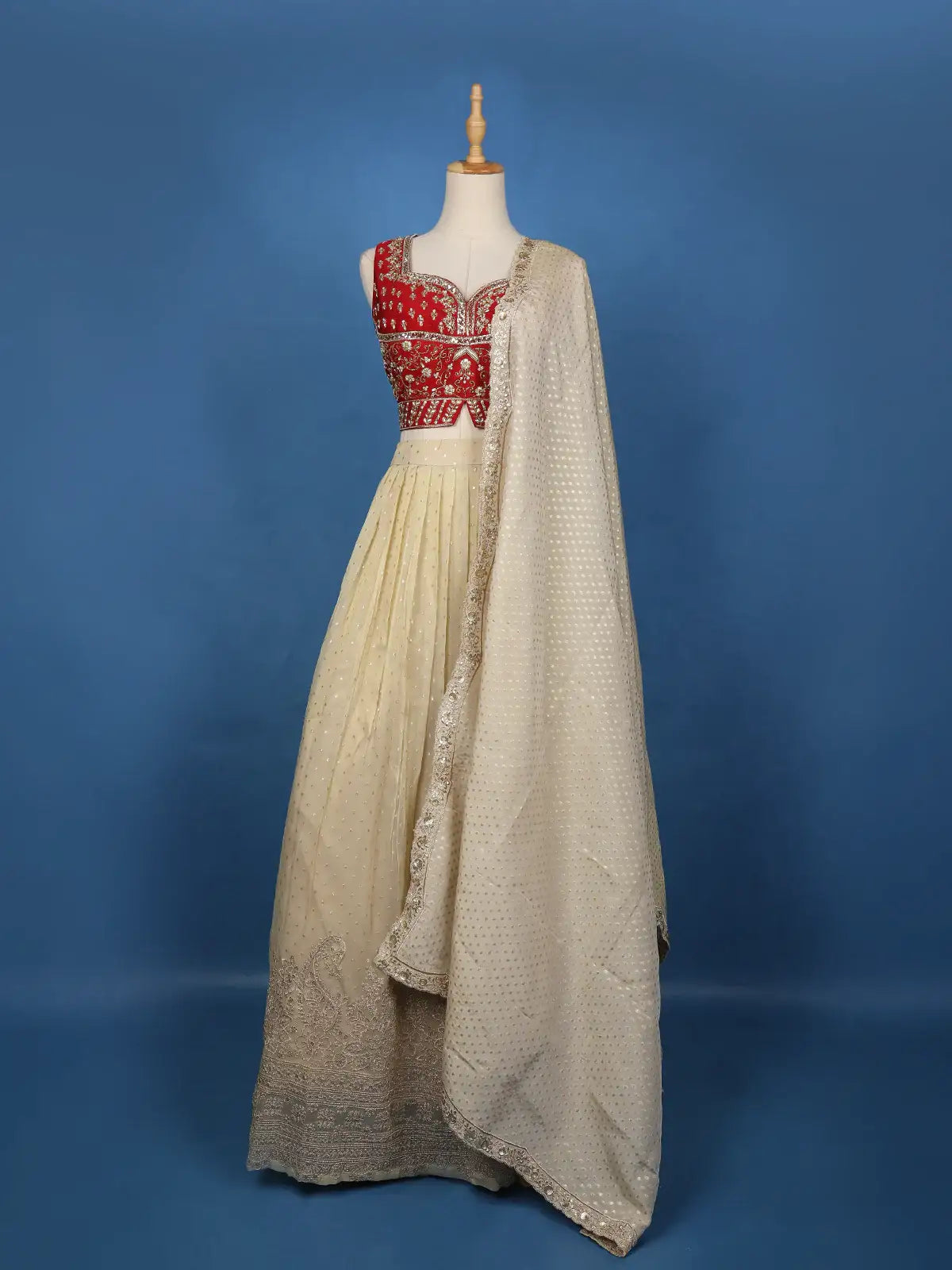 Red And Cream Floral Embroidered Tissue Lehenga With Dupatta - Diadem