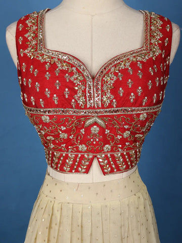 Red And Cream Floral Embroidered Tissue Lehenga With Dupatta - Diadem