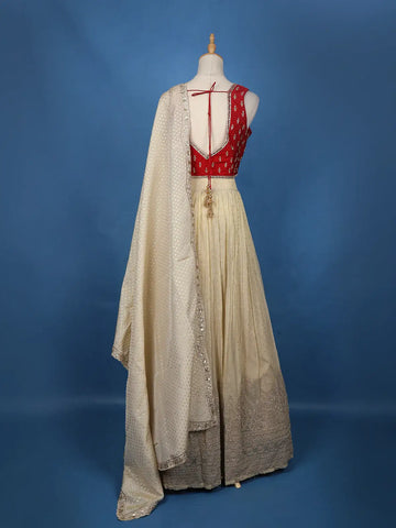 Red And Cream Floral Embroidered Tissue Lehenga With Dupatta - Diadem