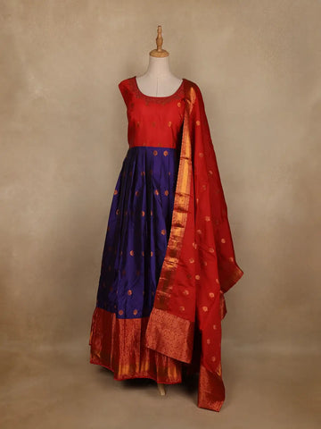 Red And Navy Blue Floral Woven Banarasi Silk Gown With Dupatta - Diadem