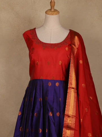 Red And Navy Blue Floral Woven Banarasi Silk Gown With Dupatta - Diadem