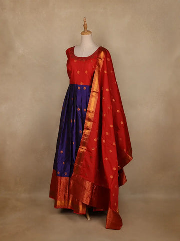 Red And Navy Blue Floral Woven Banarasi Silk Gown With Dupatta - Diadem