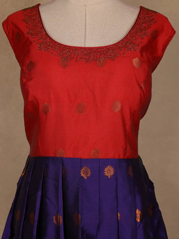 Red And Navy Blue Floral Woven Banarasi Silk Gown With Dupatta - Diadem