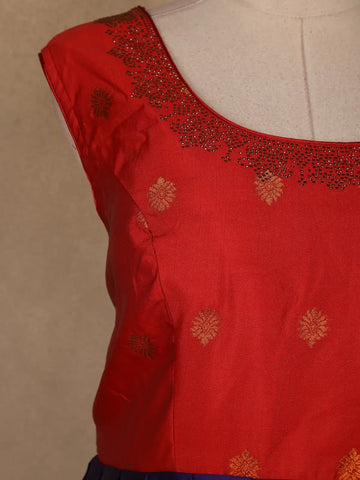 Red And Navy Blue Floral Woven Banarasi Silk Gown With Dupatta - Diadem