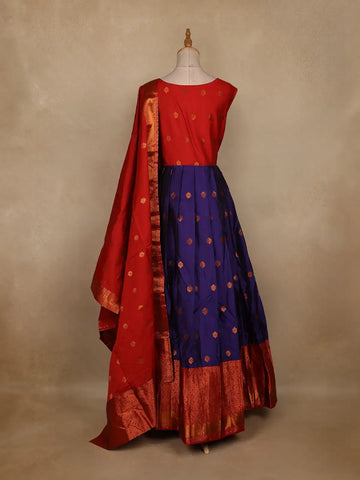 Red And Navy Blue Floral Woven Banarasi Silk Gown With Dupatta - Diadem