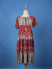 Red Bohemian Printed Cotton Midi Dress with Smocked Waist and Tassel Tie - Diadem