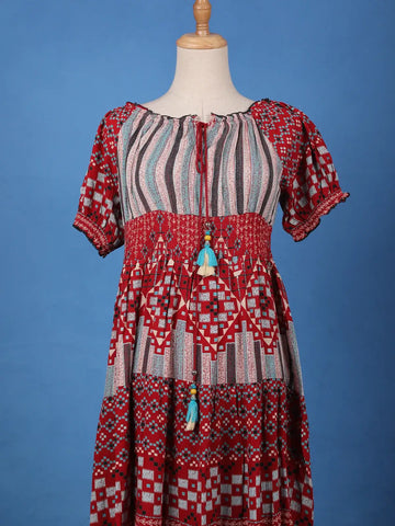 Red Bohemian Printed Cotton Midi Dress with Smocked Waist and Tassel Tie - Diadem