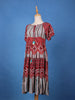Red Bohemian Printed Cotton Midi Dress with Smocked Waist and Tassel Tie - Diadem