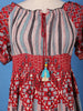 Red Bohemian Printed Cotton Midi Dress with Smocked Waist and Tassel Tie - Diadem