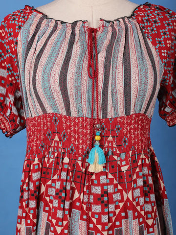 Red Bohemian Printed Cotton Midi Dress with Smocked Waist and Tassel Tie - Diadem