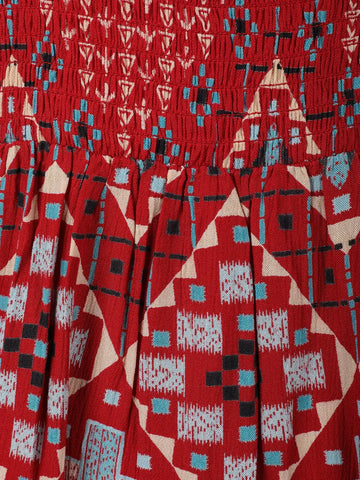 Red Bohemian Printed Cotton Midi Dress with Smocked Waist and Tassel Tie - Diadem