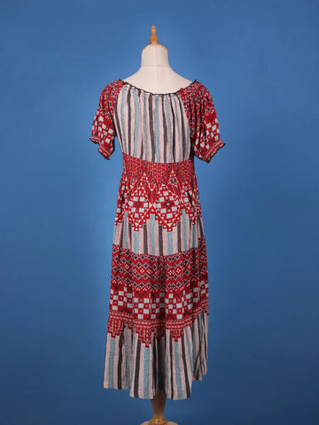 Red Bohemian Printed Cotton Midi Dress with Smocked Waist and Tassel Tie - Diadem