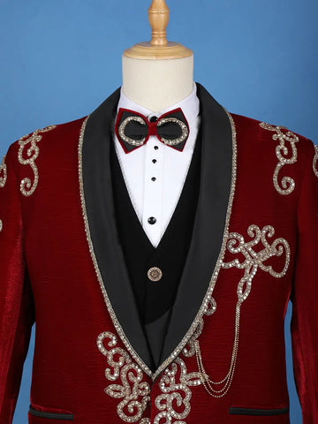 Red Crystal Embellished Velvet Men's Suit with Chain Detail - Diadem