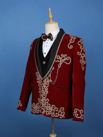 Red Crystal Embellished Velvet Men's Suit with Chain Detail - Diadem