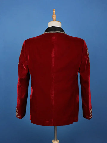 Red Crystal Embellished Velvet Men's Suit with Chain Detail - Diadem