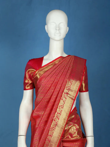 Red Diamond Butta Woven Pure Kanchipuram Silk Saree With Golden Zari Border - Diadem