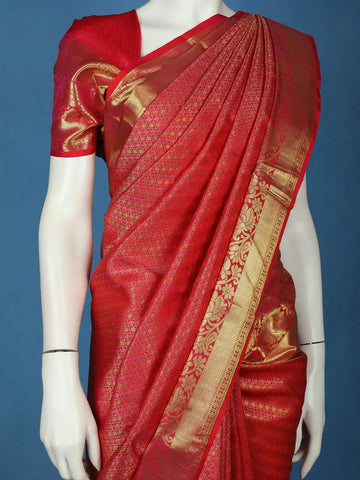 Red Diamond Butta Woven Pure Kanchipuram Silk Saree With Golden Zari Border - Diadem