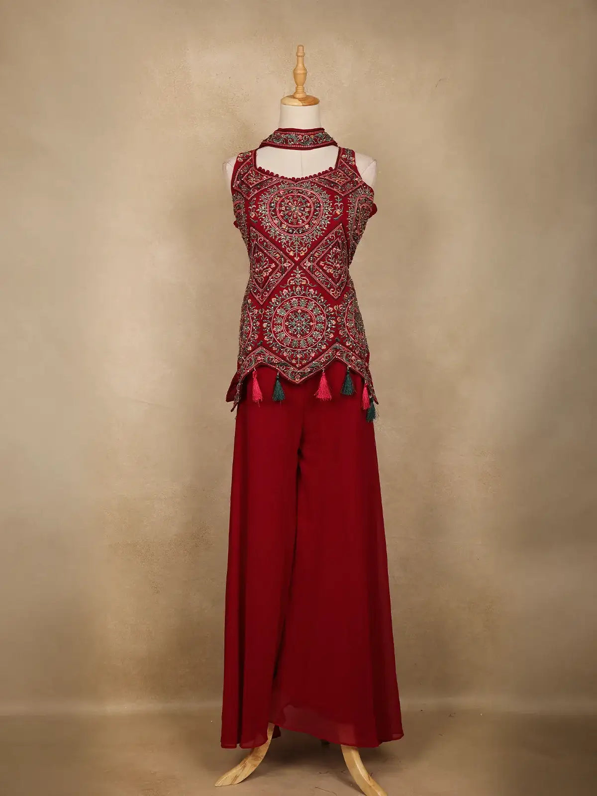 Red Embroidered Design Chiffon Palazzo Suit