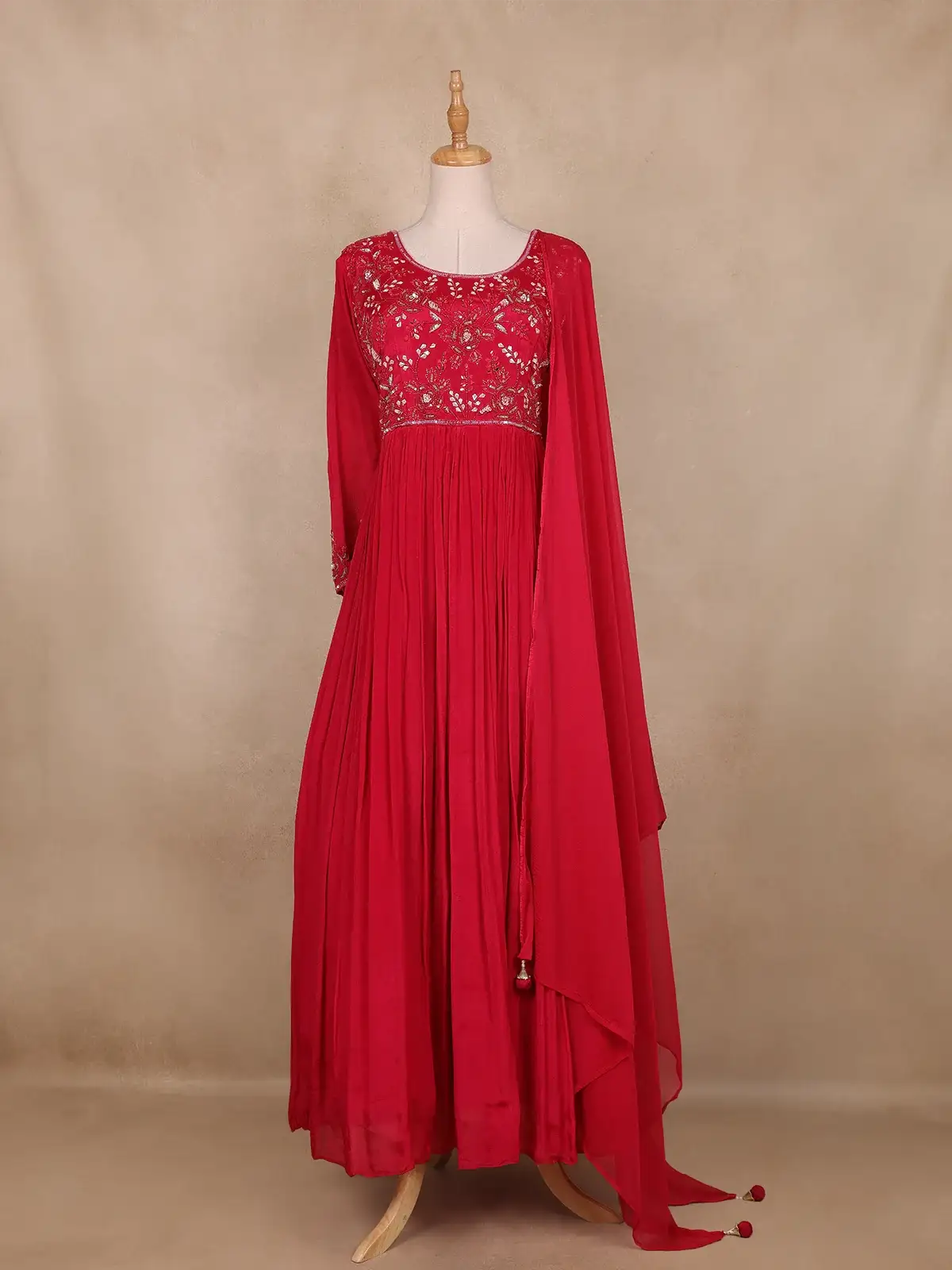 Red Embroidered Design Georgette Gown - Diadem