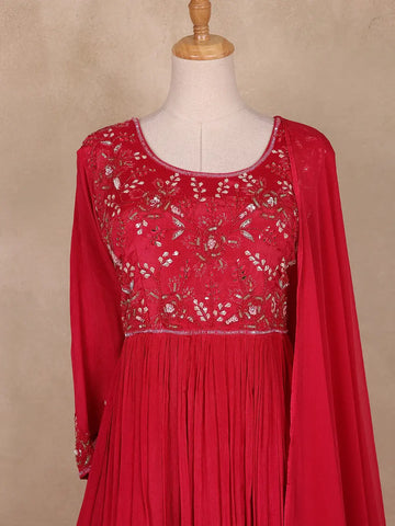 Red Embroidered Design Georgette Gown - Diadem
