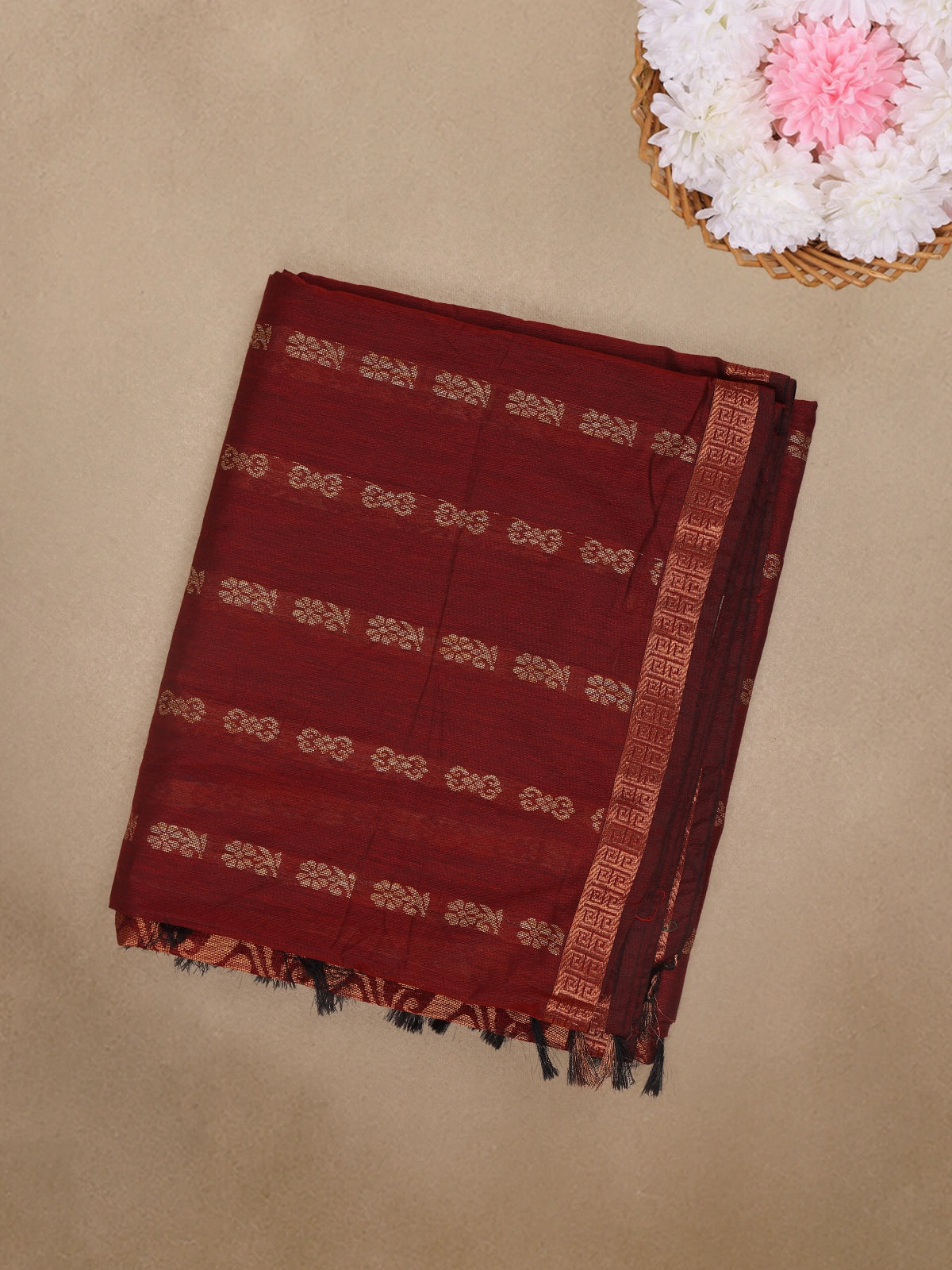 Red Floral Butta Design Cotton Saree