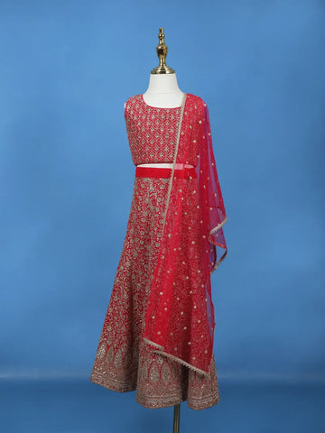 Red Floral Design Sequins Georgette Kids Lehenga - Diadem