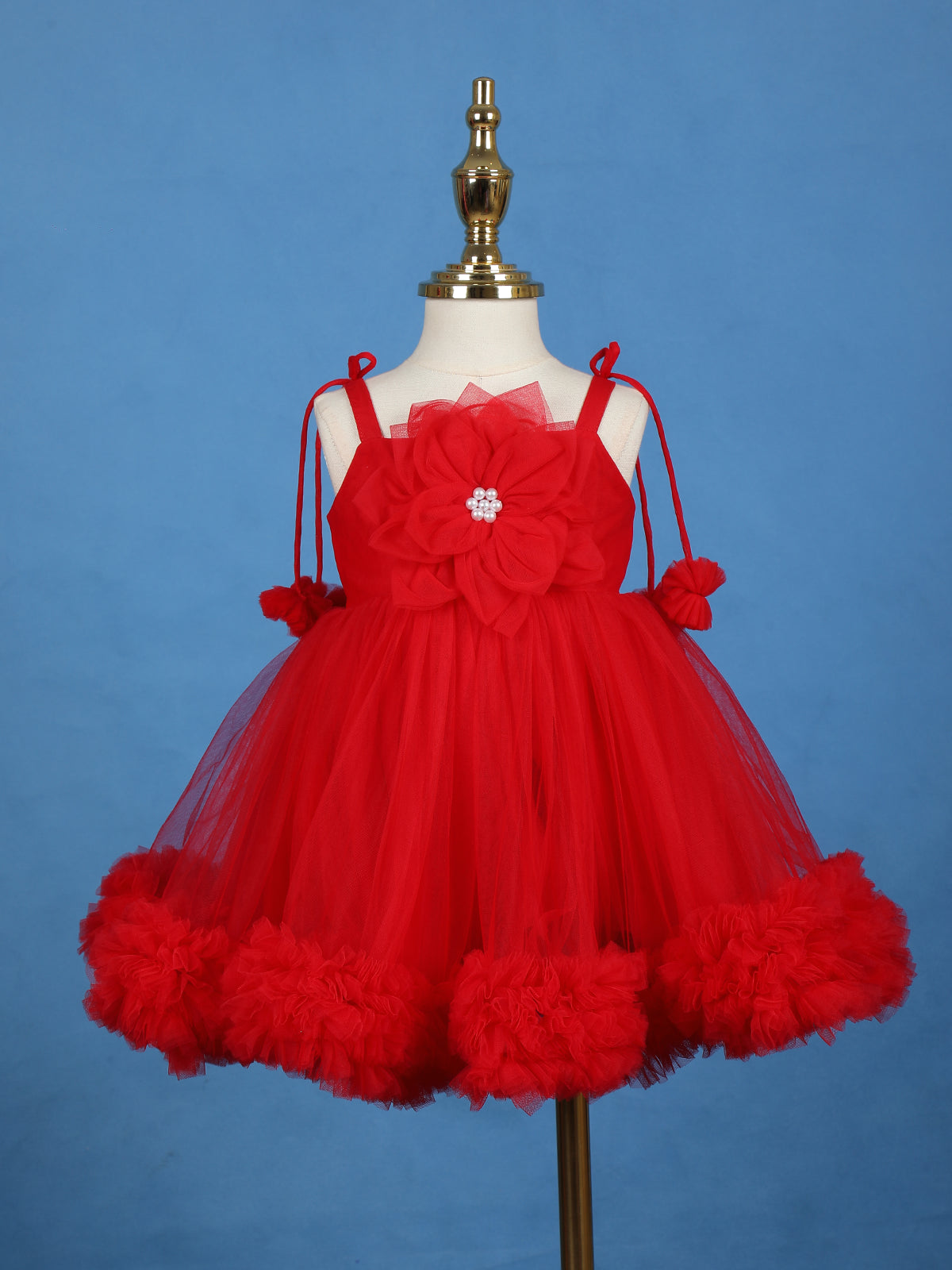 Red Floral Embellishment Design Net Frock