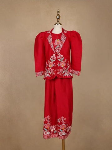 Red Floral Embroidered Coat And Palazzo Set For Girls - Diadem