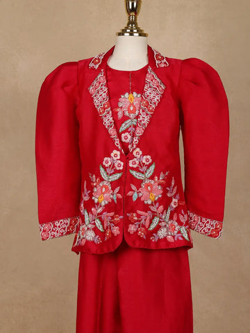 Red Floral Embroidered Coat And Palazzo Set For Girls - Diadem