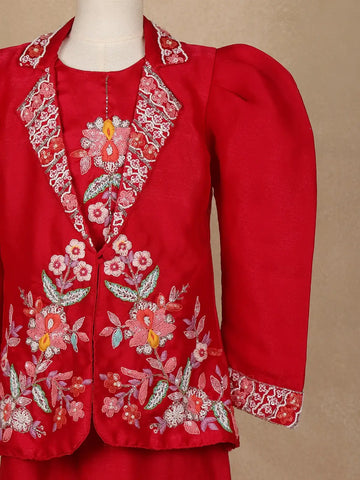 Red Floral Embroidered Coat And Palazzo Set For Girls - Diadem