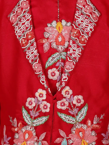Red Floral Embroidered Coat And Palazzo Set For Girls - Diadem