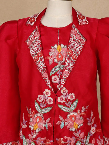 Red Floral Embroidered Coat And Palazzo Set For Girls - Diadem