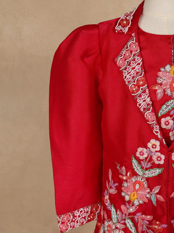 Red Floral Embroidered Coat And Palazzo Set For Girls - Diadem
