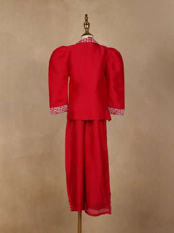 Red Floral Embroidered Coat And Palazzo Set For Girls - Diadem