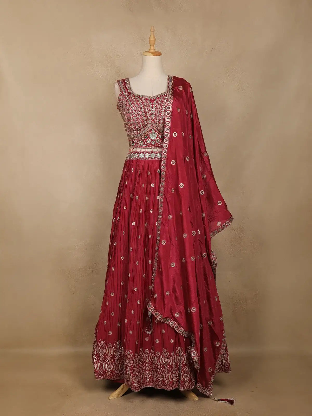Red Floral Embroidered Design Chiffon Lehenga